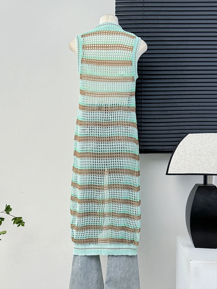 Kimotimo French Vintage Color Contrast Striped Knit Vest Dress Women Summer Casual Sleeveless Single Breasted Slim Long Dresses