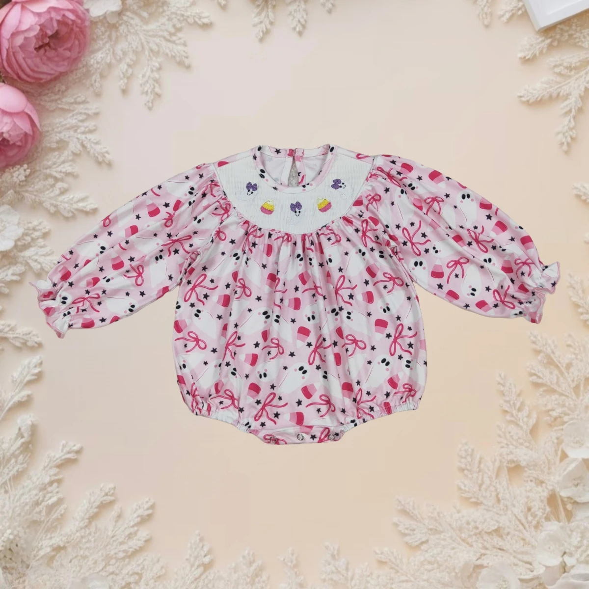 

Halloween Baby Girl Romper Smocked Infant Toddler Kids Long Sleeve Cute Jumpsuit Bows Ghosts Candy Newborn Clothes Fall Hot Sale