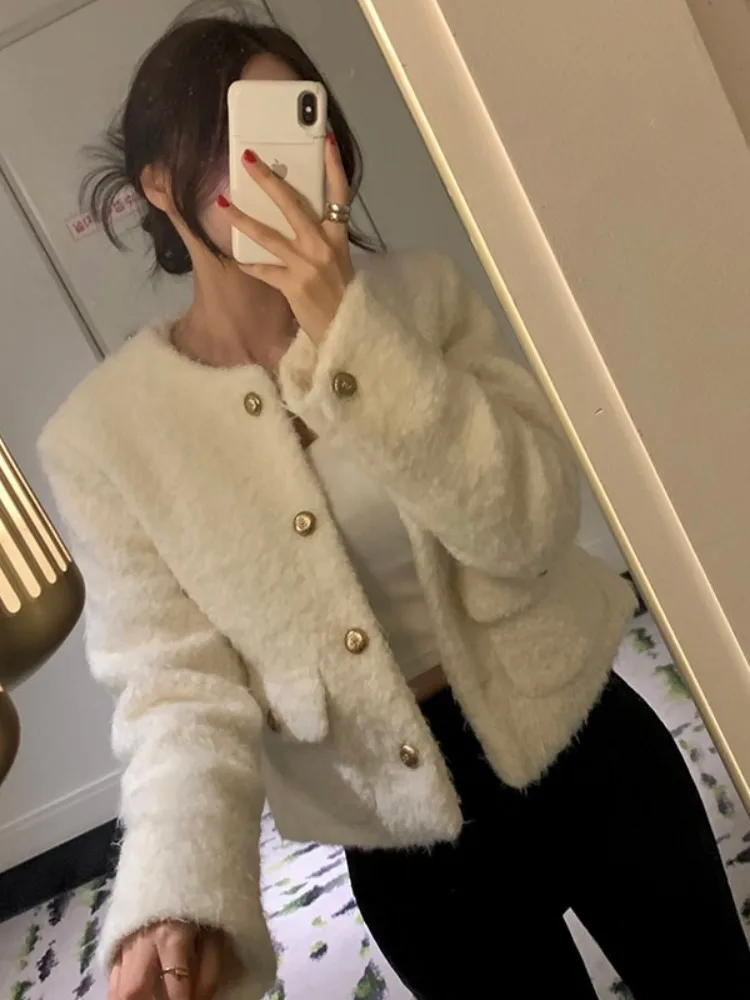 

Chic Metal Button Cotton Woolen ort Coat Loose Fit Warm Spring Autumn Outerwear for Women Pure Color Commute Sle