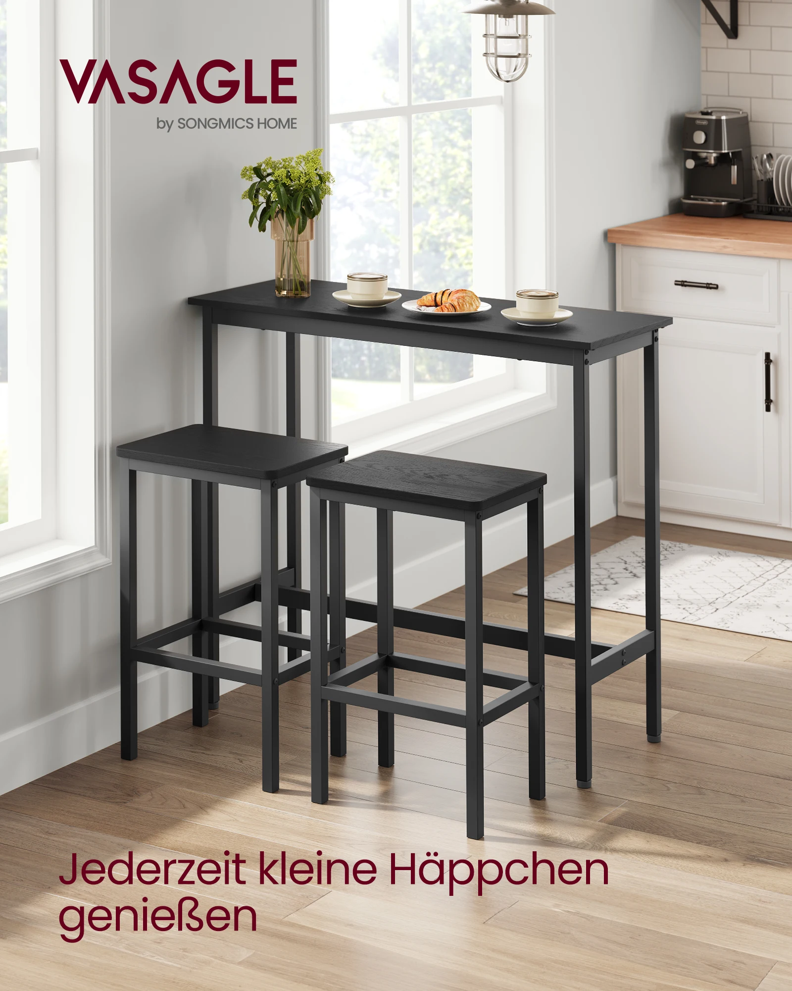 VASAGLE Bartisch mit Barhocker Set, Essgruppe, Stehtisch mit 2 Stühlen, Stahlgestell, Industrie-Design
