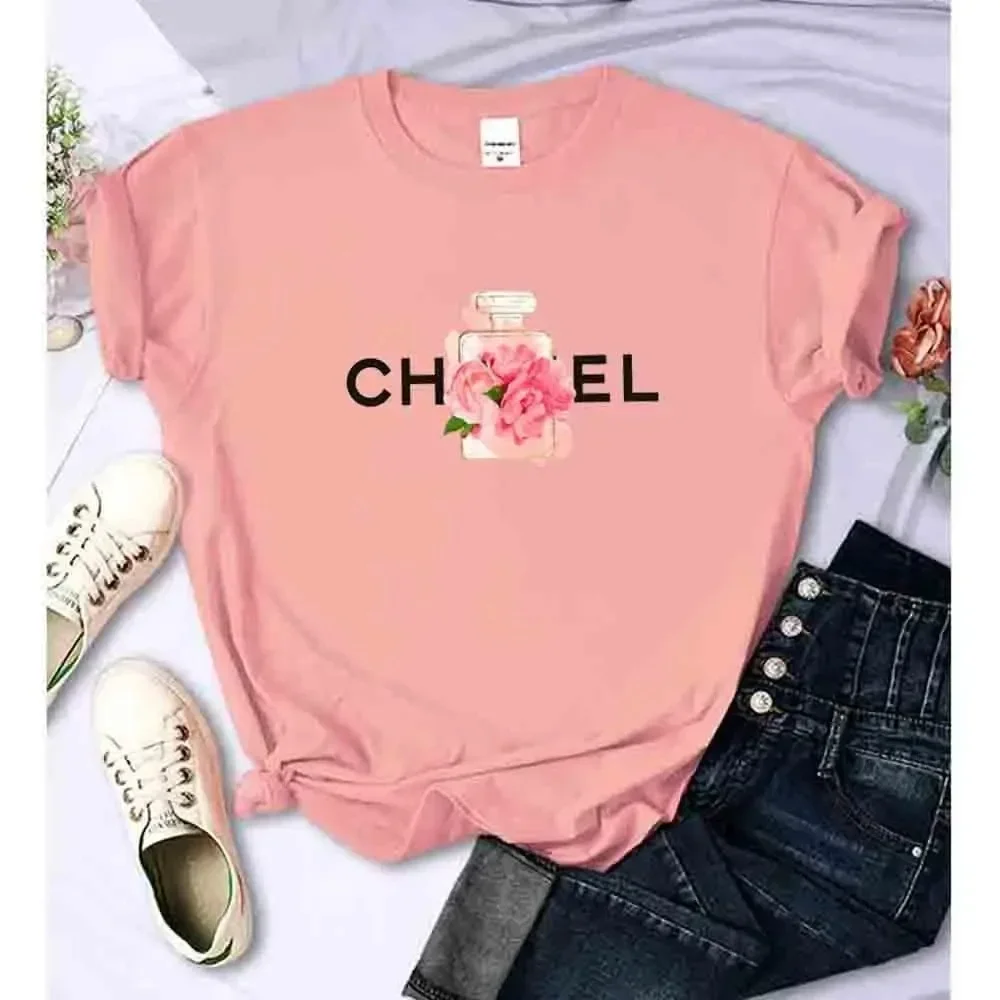 Women\'s Plus Size T-Shirt Cotton Alphabet Flower Perfume Shirt Printed Pattern T-Shirt Brand Short Sleeve Top Clothes