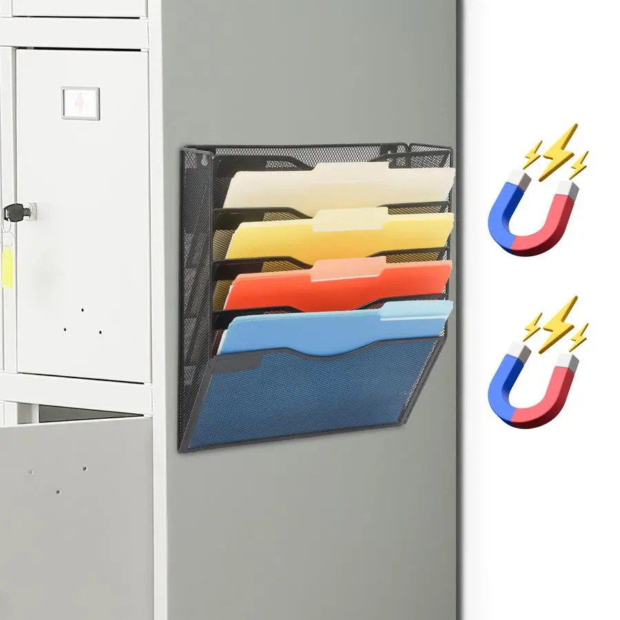 

Magnetic 5 Pocket Mesh Hanging File Organizer, Wall Mounted Mail Paper Document Folder Holder, Clipboard Storage Organization Ma