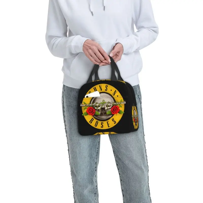 Guns N Roses Logo Insulated Lunch Bag for Outdoor Picnic Heavy Metal Portable Thermal Cooler Lunch Box Women Children