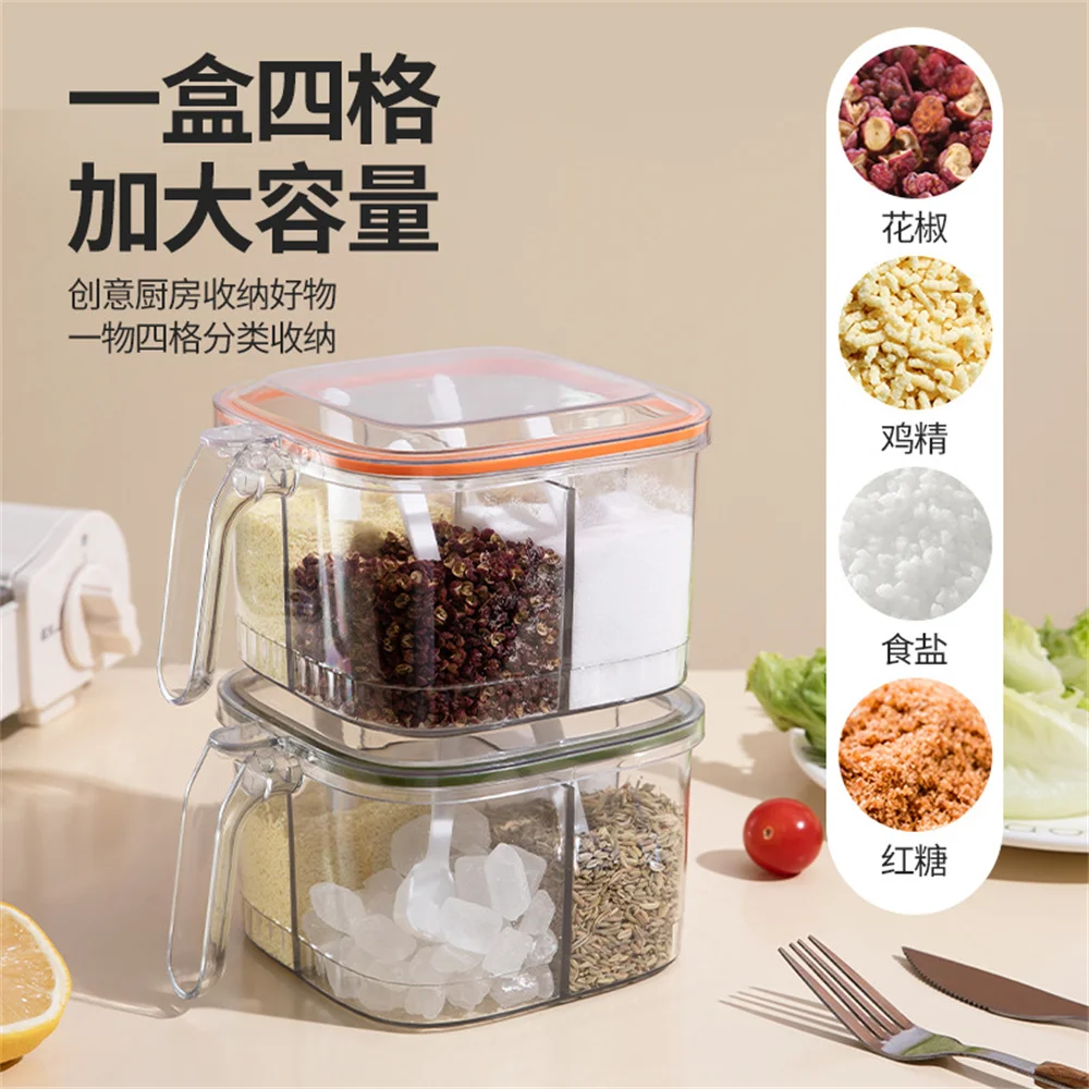 Kitchen SeasoningBox, Four Compartment Integrated Hot Pot,Household  Bottle, Flavor Cup, Salt Jar