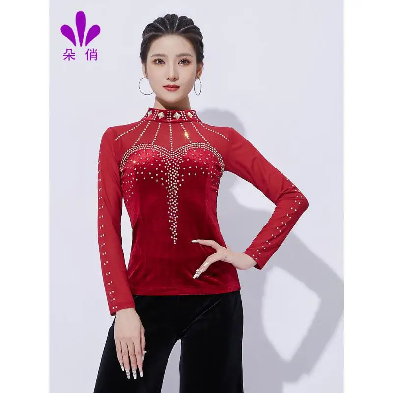 2024 Latin Dance Top New Velvet Top Long Sleeve Dance Professional Practice Modern Dance Costumes 2335