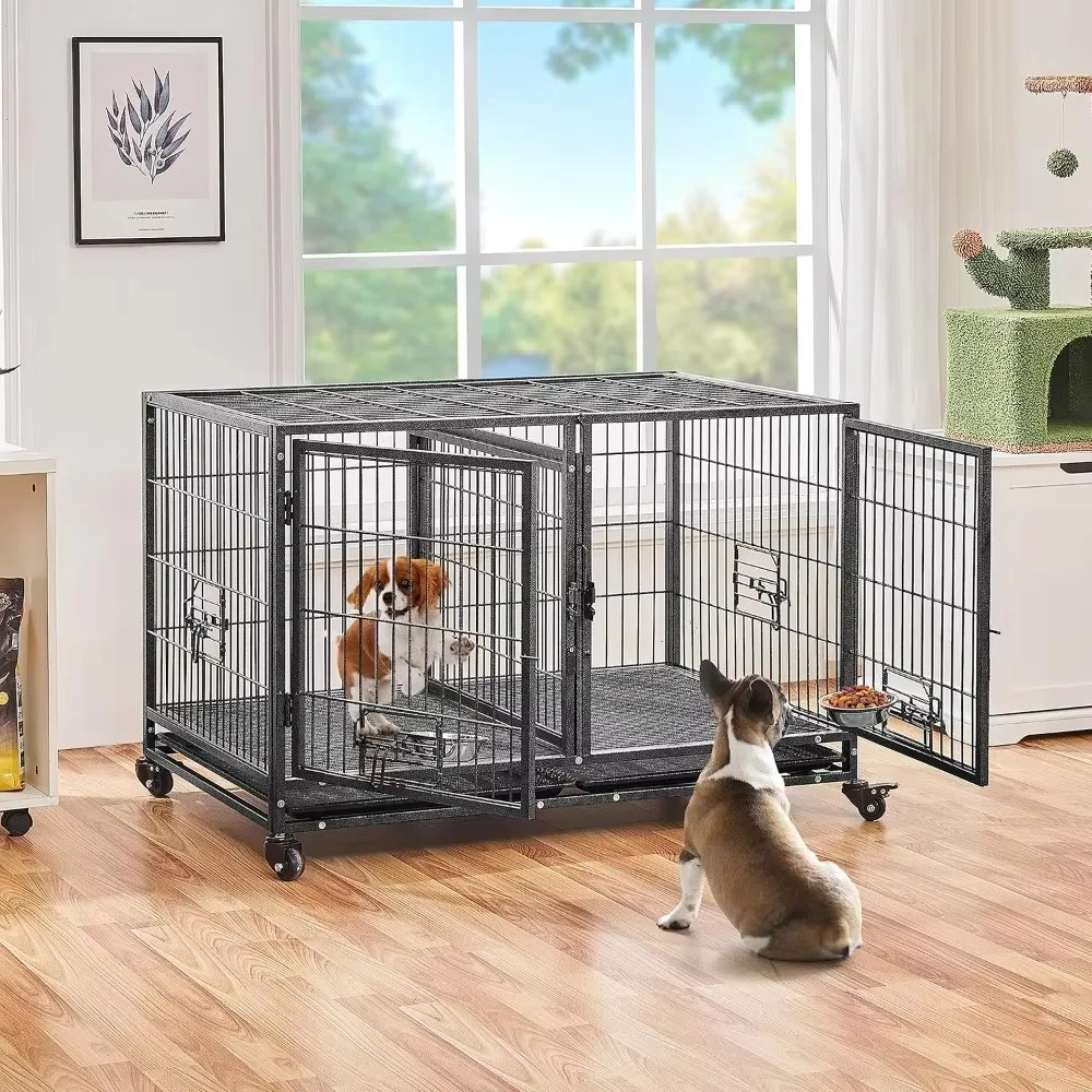 

Stackable Dog Crate with Divider 43'' Rolling Heavy Duty Dog Cage with Open Top/ 2 Removable Trays for Small/Medium Dog