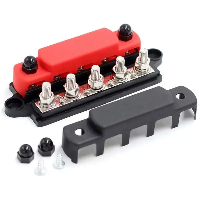 48V 300A Heavy Duty Power Distribution Terminal Block Pure Copper Double Row 5 Screw Busbar 10 M10 Studs 8 X M4