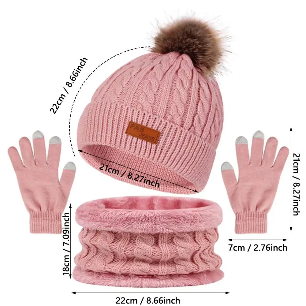 Set Sarung Tangan Syal Beanie Wanita Musim Dingin Modis Topi Beanie Tebal Rajut dengan Pom Penghangat Leher Hangat Cuaca Dingin