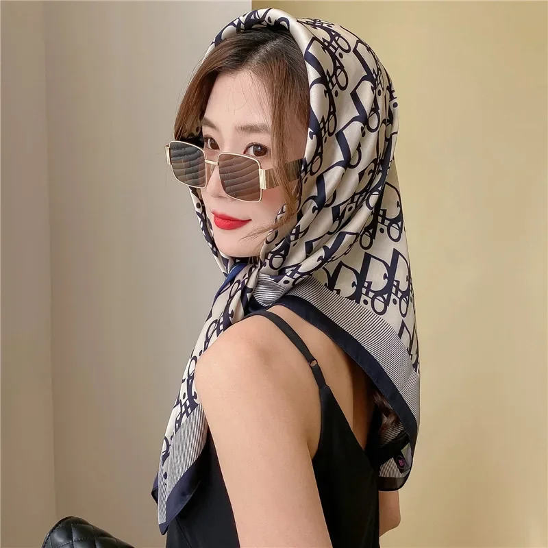 90 Large Square Silk Scarf for Women Korean Retro Letter Scarf Headband in Spring Autumn Fashionable and Sunscreen Shawl Wrap