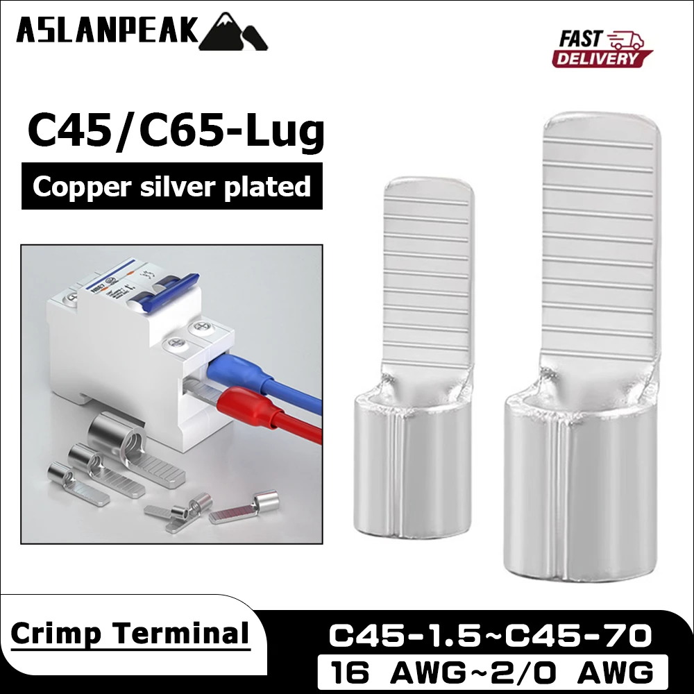 Solid Copper Silver Plating Lug Pure Copper Tab terminal lug C45/C65 Switch Lug Blade terminal lug For connecting wires cables