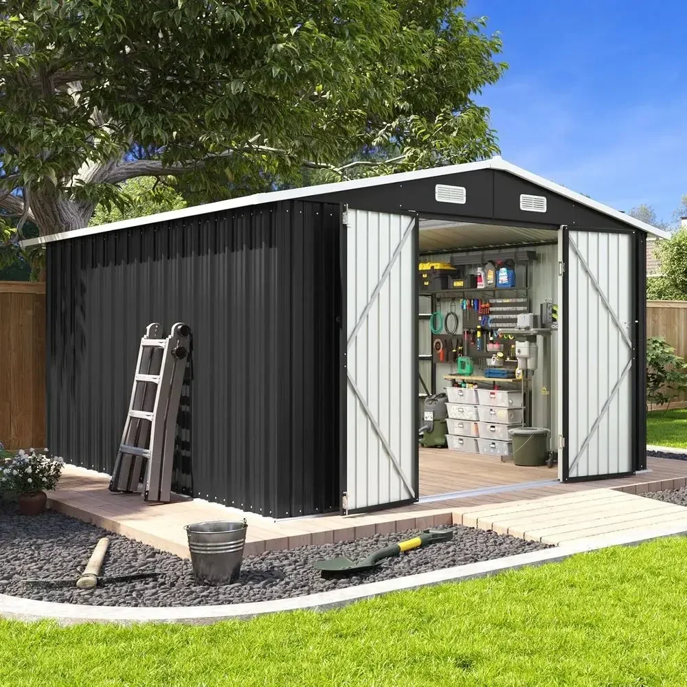 10' x 12' Outdoor Storage Shed with Double Hinged Door, Lockable & Sloped Roof - Black