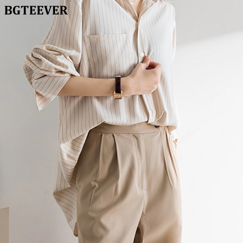 Bgteever casual turn-down colarinho senhoras camisas listradas primavera verão moda solta único breasted bolso blusas femininas topos