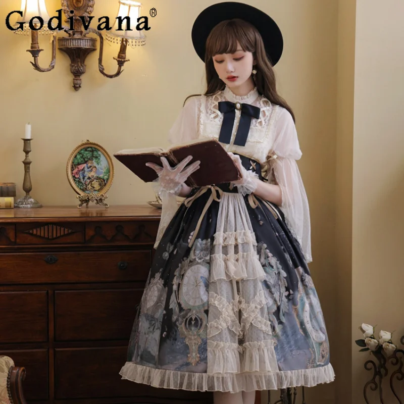 Original Japanese Lolita Dress Female Cinched Waist Slim-Fit Elegant Beautiful Princess Dress Women Summer Skirt Four-Piece Set