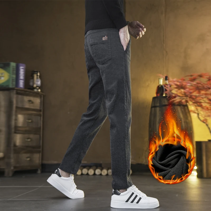 2025 inverno novas calças de lã de chenille masculinas quentes finas retas calças casuais moda versátil madura high-end calças compridas