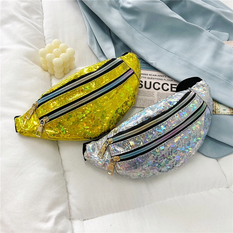 Sequin Waist Bag Holographic Laser Glass Shard Fanny Pack PU Cross-Body Pocket Closure Coin Purse Women Girl Bum Belt Chest Bag