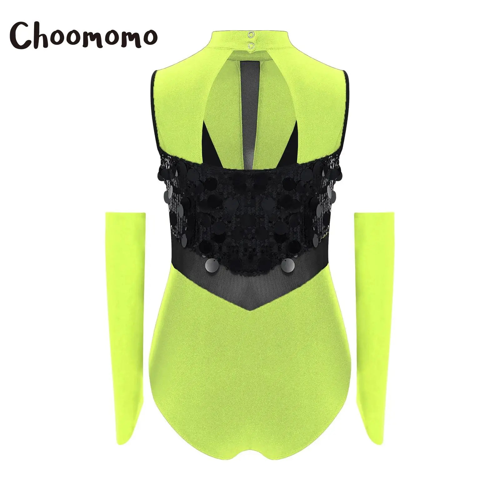 

Kids Girls Sequins Ballet Gymnastics Dance Leotard with Gloves Latin Jazz Performance Outfit Sleeveless