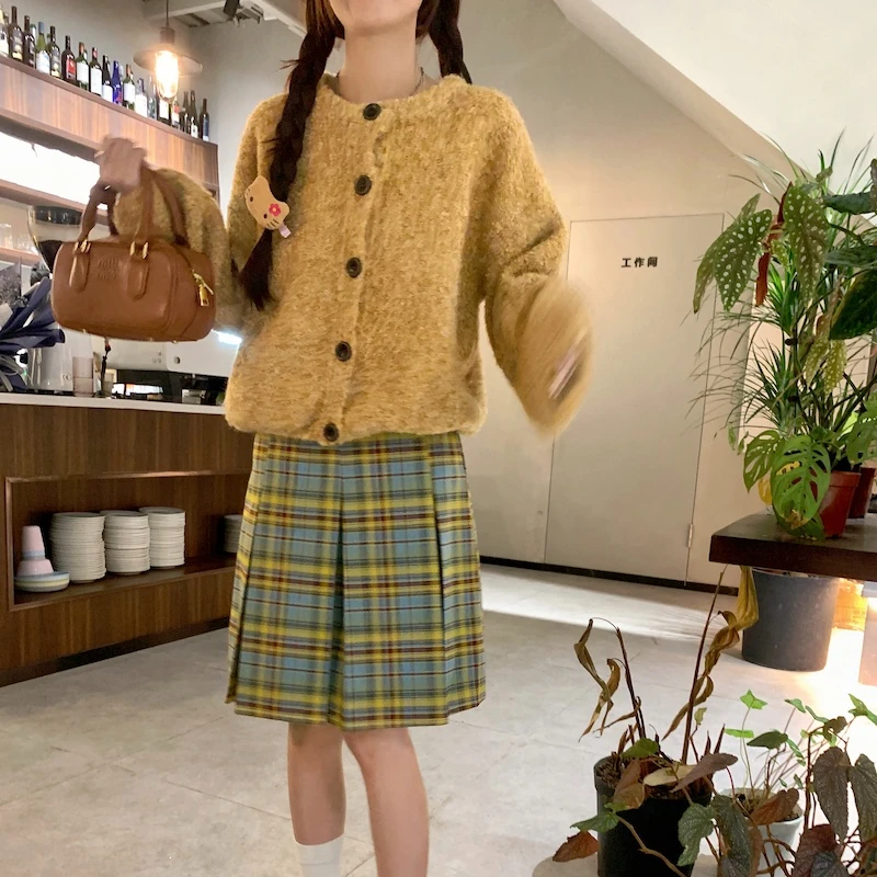 Sweet and Lovely Cardigan Women Autumn New Lazy Style Yellow Long-sleeved Knit Sweater Jacket Casual Versatile Cardigan Female