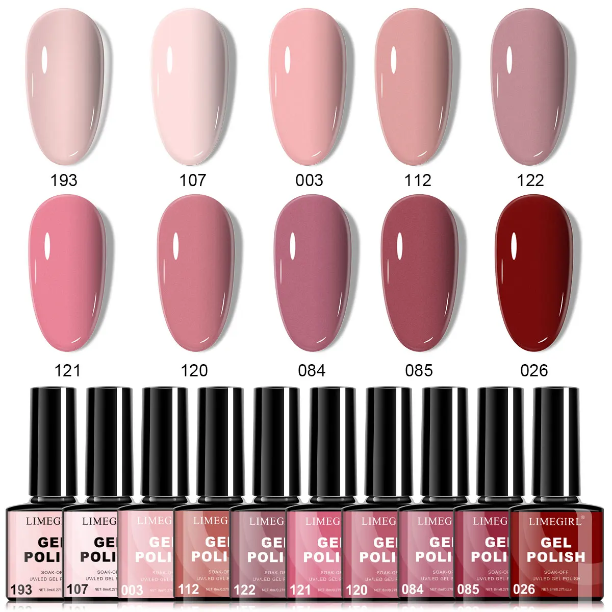

LIMEGIRL 10 Pcs/Set Gel Nail Polish UV Shiny Pink Gel Semi-Permanent Soaking Nail Art Gel Vernish For Manicure Kits