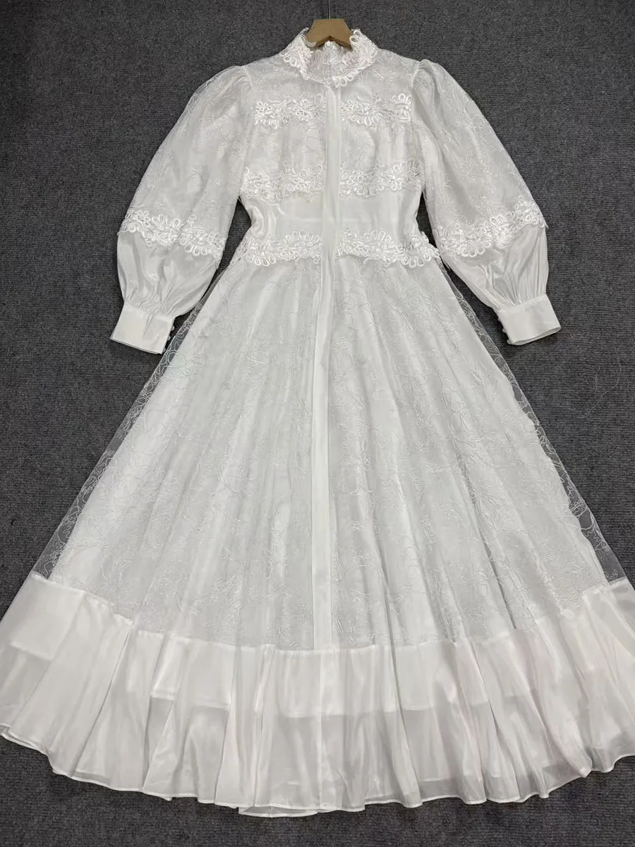 VGH فستان الأميرة خمر مزاجه للنساء الوقوف طوق فانوس كم عالية الخصر تقسم بقماش شفاف فساتين الدانتيل الإناث #6