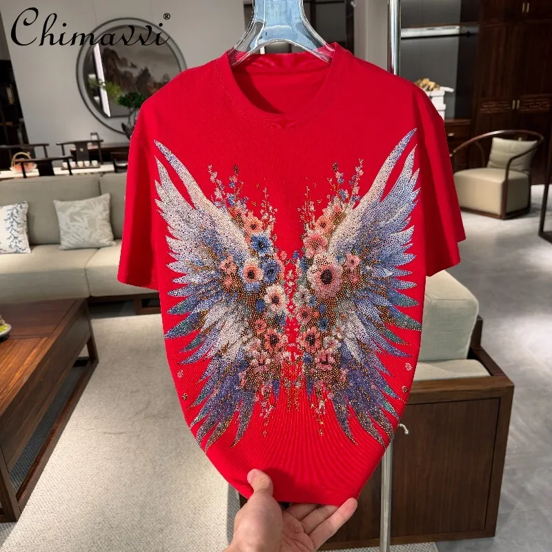 2026 Summer New Heavy Wing Hotfix Rhinestone Loose Fit Crew Neck Short Sleeve T-shirt Men's Streetwear Cool Handsome Top