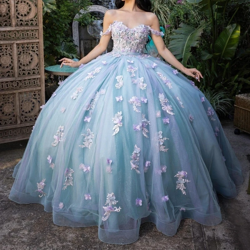 

Aqua Blue Shiny Ball Gown Quinceanera Dress 3D Floral Appliques Bow Princess Tulle Vestidos De 15 Años Birthday Party Sweet 16