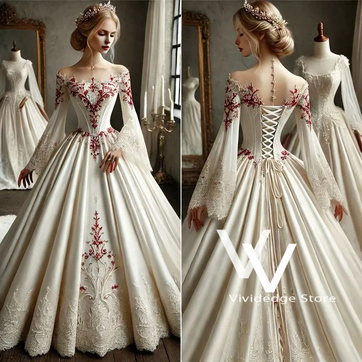 Mittelalterliches Hochzeitskleid mit Spitzenapplikationen, elfenbeinfarben, lang, A-Linie, mit Schnürung am Rücken, Feenbrautkleid, Vintage, maßgeschneidert, Vestido De Novia