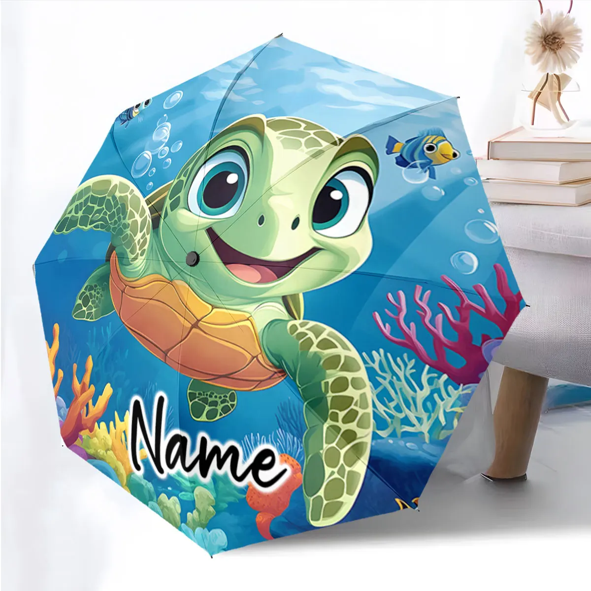 Custom Name Umbrella Colorful Sea Turtle Umbrella for Kids Print 8 Iron Ribs Folding Umbrella Auto-Open Fashion Sunshade