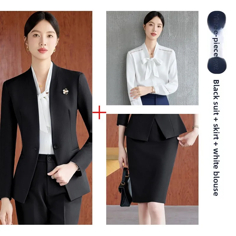 Black suit + skirt + shirt