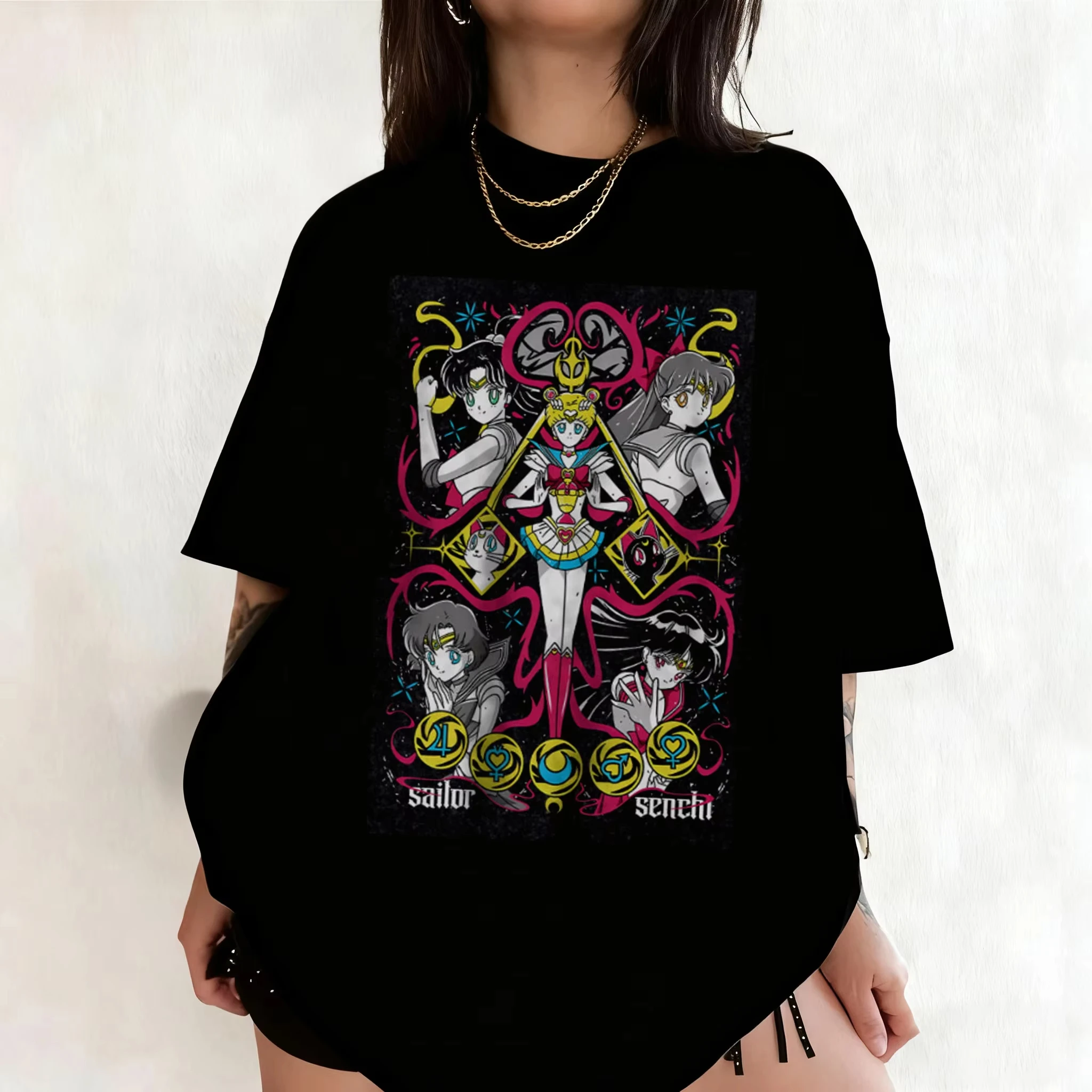 2026 new Best‑Seller‑Trending‑Colorful‑Anime‑Magical‑Girls‑Group Portrait Print High‑Quality Oversized Short‑Sleeve T‑Shirt