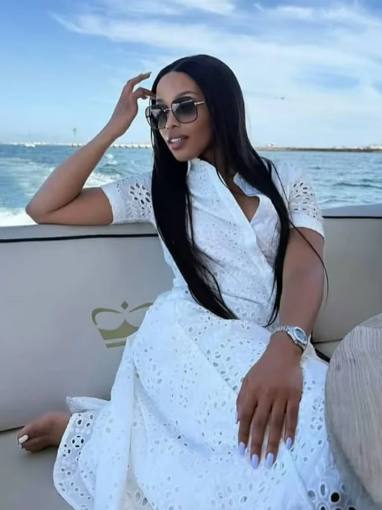 

White Hollow-out Long Dress women Casual Lapel Short Sleeve Single Breasted Lace-up Dresses 2026 Lady Vacation Street Gowns