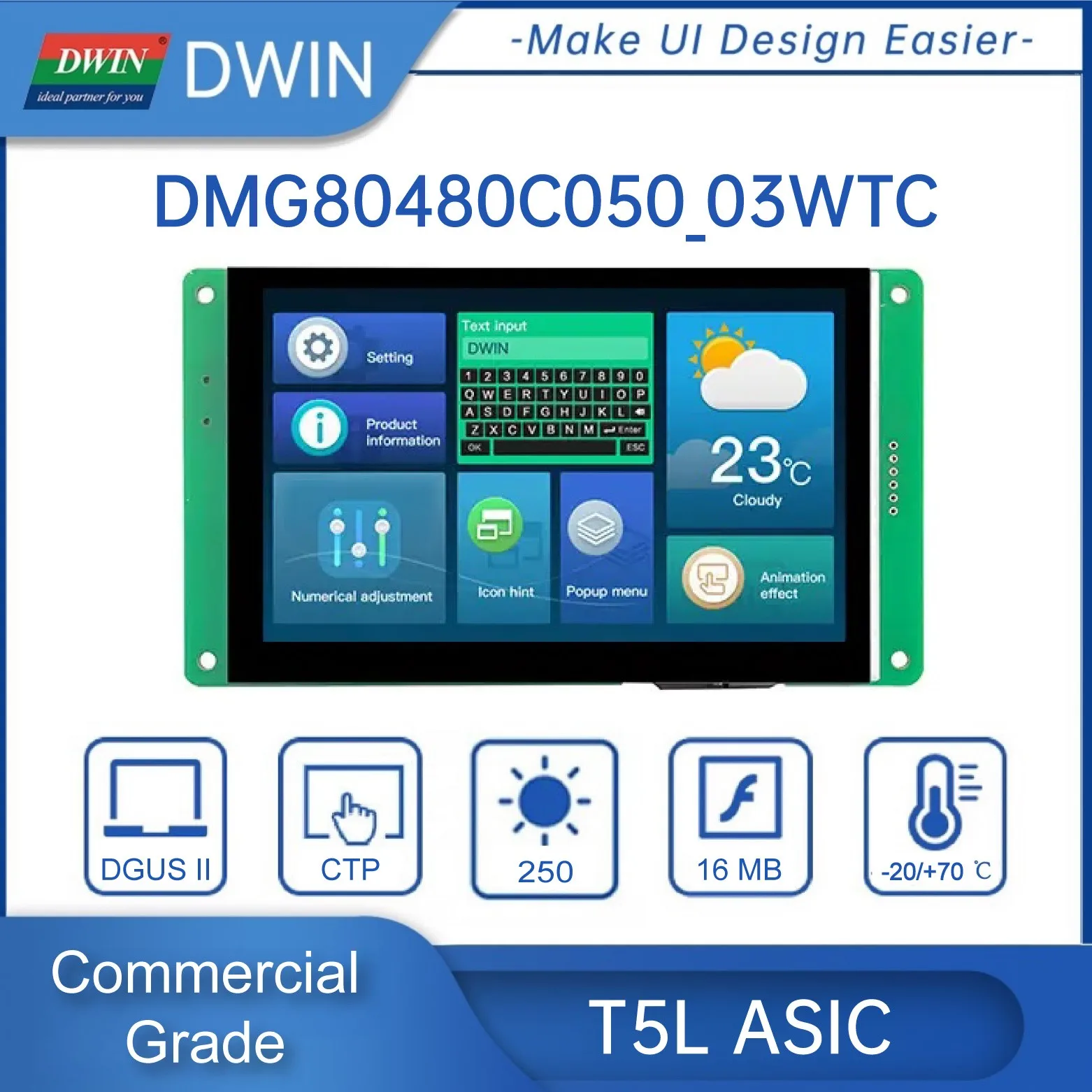 DWIN 5.0 Inch HMI Intelligent Module, LCD Display, 800*RGB*480, Reserved WIFI/USB Interface  - DMG80480C050_03WTC