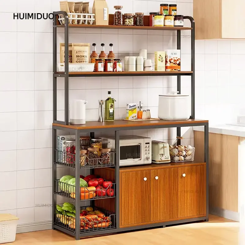 Floor-standing Metal Kitchen Cabinet with Multi-layer Storage Rack Multi-function Tableware and Microwave Storage