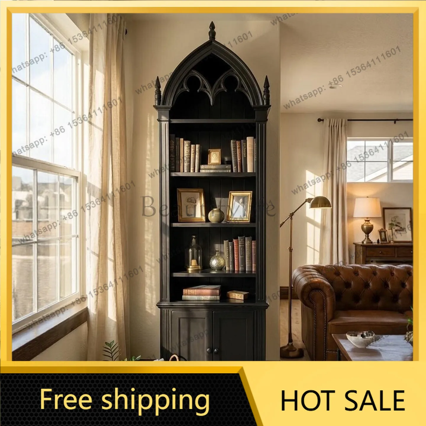 Factory Direct French retro solid wood carving flower bookcase villa living room wall display cabinet