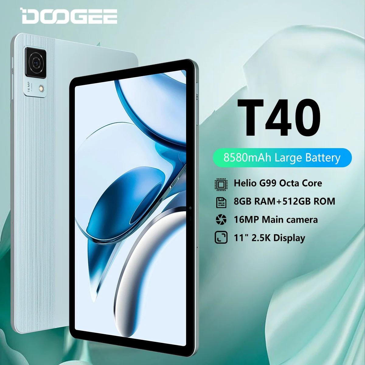 DOOGEE T40 Tablet 11" IPS 2.5K Display 20GB(8+12) 512GB Android 14 Helio G99 8580mAh 18W Carica 7.6mm ultrasottile