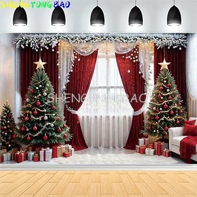 

Christmas Day New Year Party Photography Backdrops Prop Window Living Room Interior Xmas Tree Snow Theme Photo Background FN-07