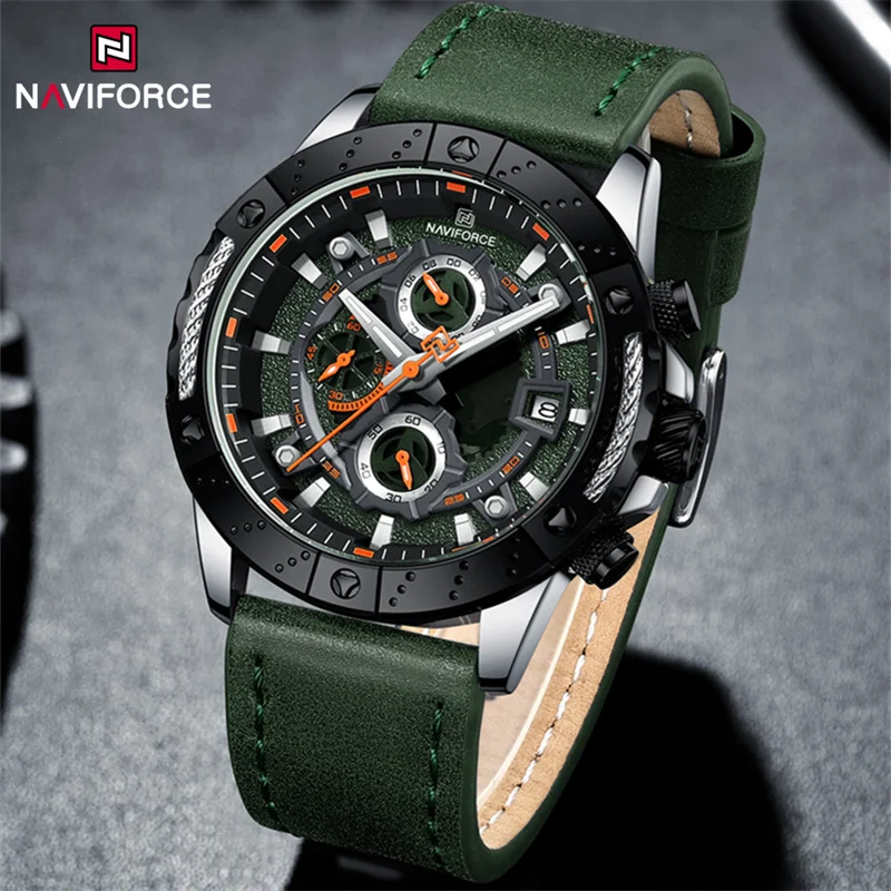 NAVIFORCE Brand Men\'s Sports Watch Leather Strap Military Quartz Wristwatch Waterproof Chronograph Male Clock Relogio Masculino