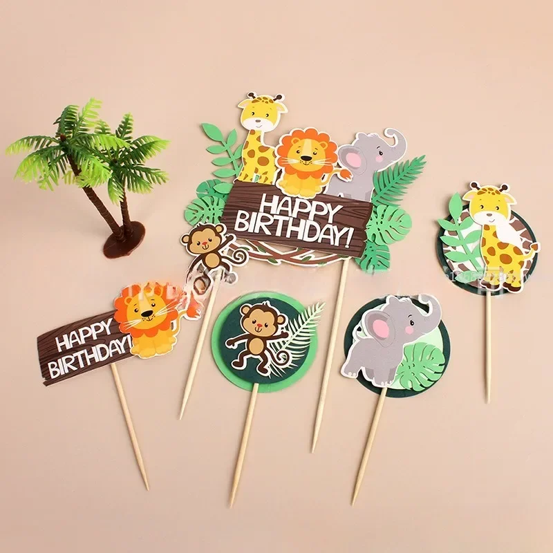 Animals Cake Toppers Cartoon Giraffe Lion Zebra Cupcake Wrapper Jungle Themed Kids Boy Wild  Birthday Cake Party Decoration