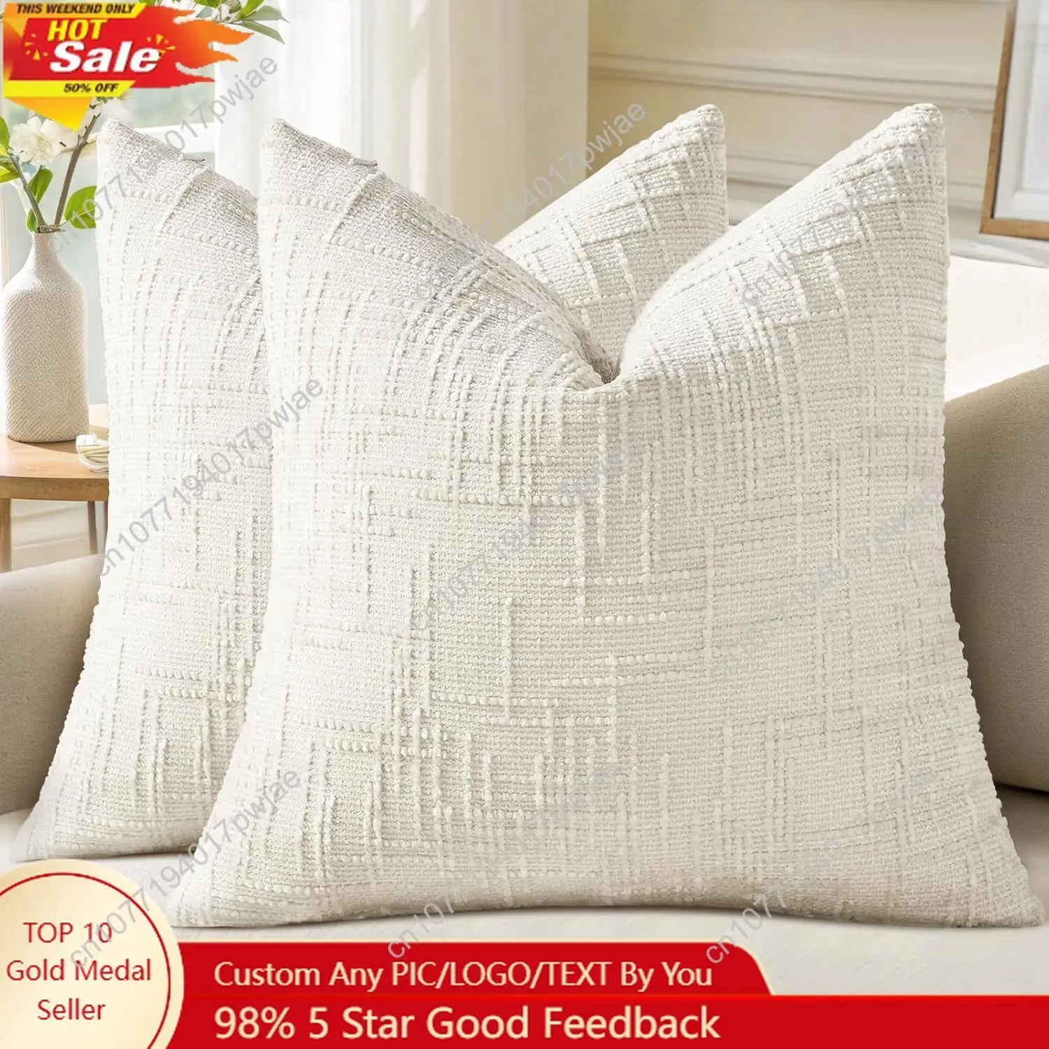 

decorUhome Christmas Cream White Chenille Throw Pillow Covers 18x18 Set of 2 Thick Textured Slubby Couch Pillow Covers Farmhouse