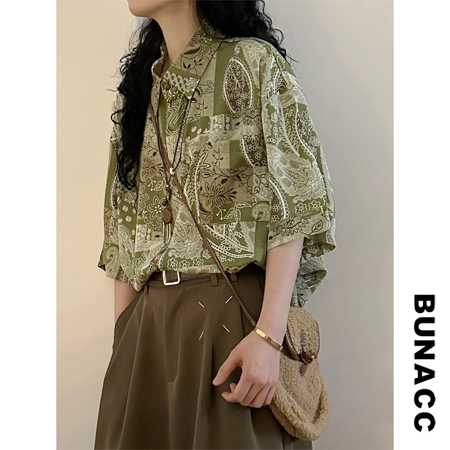 

Summer American Style Loose Short Sleeve Shirt Women's Casual Print Casual Shirt Trendy Walnut Flower Hong Kong Style Waist