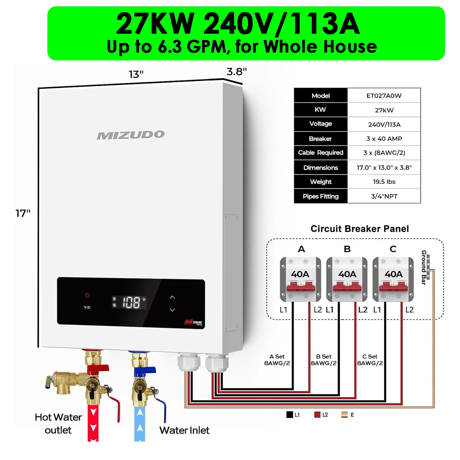 

27kW Tankless Water Heater Electric Hot Water Heater On Demand for Whole House