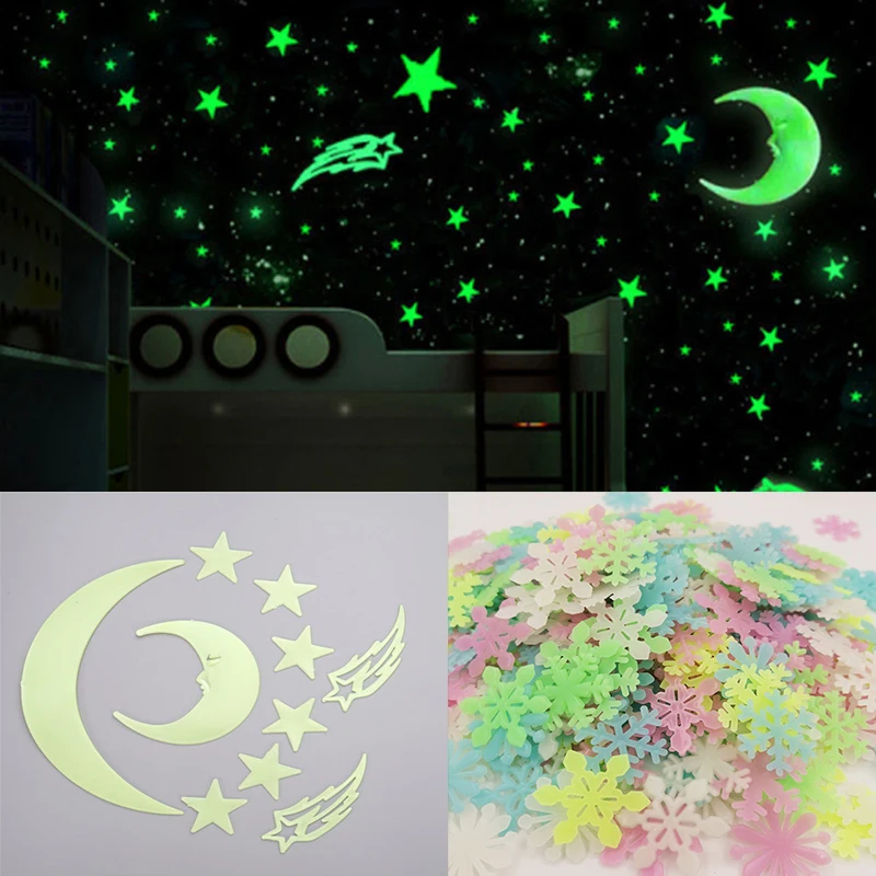 3D Star and Moon Energy Storage Fluorescent Glow In the dark Luminous on Wall Stickers for Kids Room living room Decal