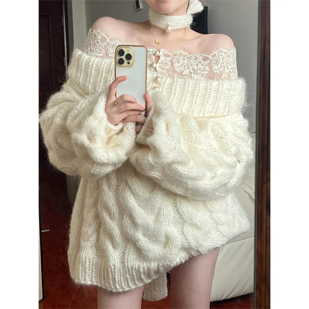 

Elegant Slash Neck Sweater Women Fashion Lace Patchwork Knitted Pullovers Korean Oversized Knitwears Winter Long Sleeve Jumpers