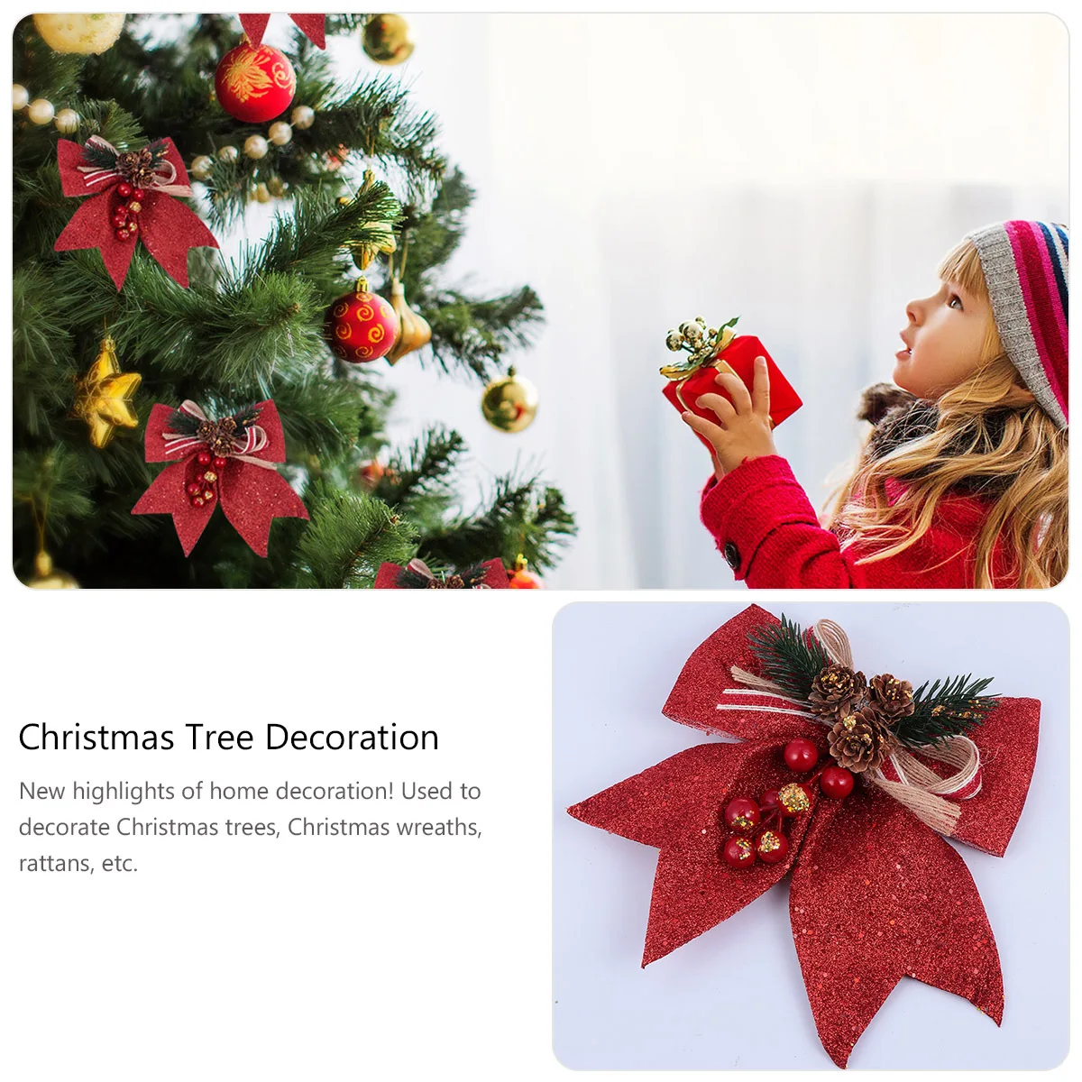 

4pcs Christmas Tree Hanging Ornaments Glitter Pine Cone Bows For Holiday Party Home Decoration Xmas Wreath Rattan Accessories