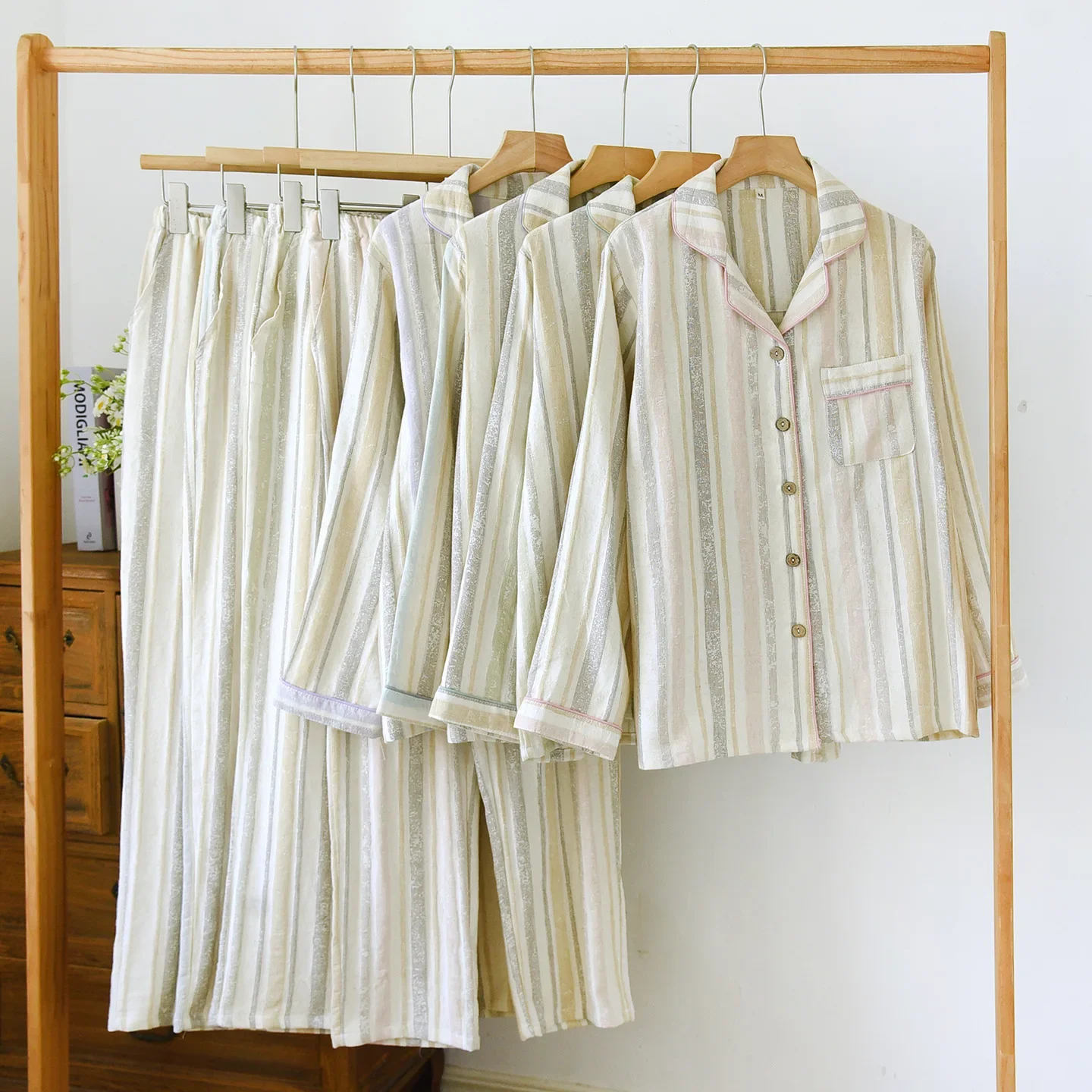 

Autumn Colorful Striped Comfortable and Breathable Cotton Home Clothes Long Sleeved Long Trousers 2 Pcs Pajamas Set for Women