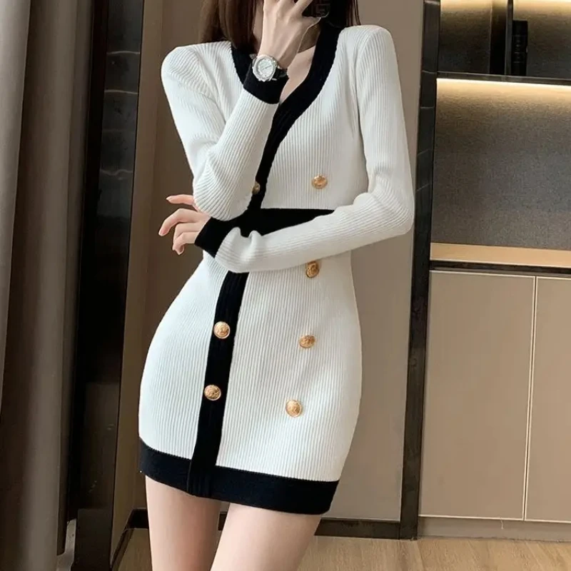 High Quality Luxury Female Knit Dress V Neck White Women\'s Crochet Dresses Black Vintage Kpop Hot Xxl Curvy Autumn and Winter X