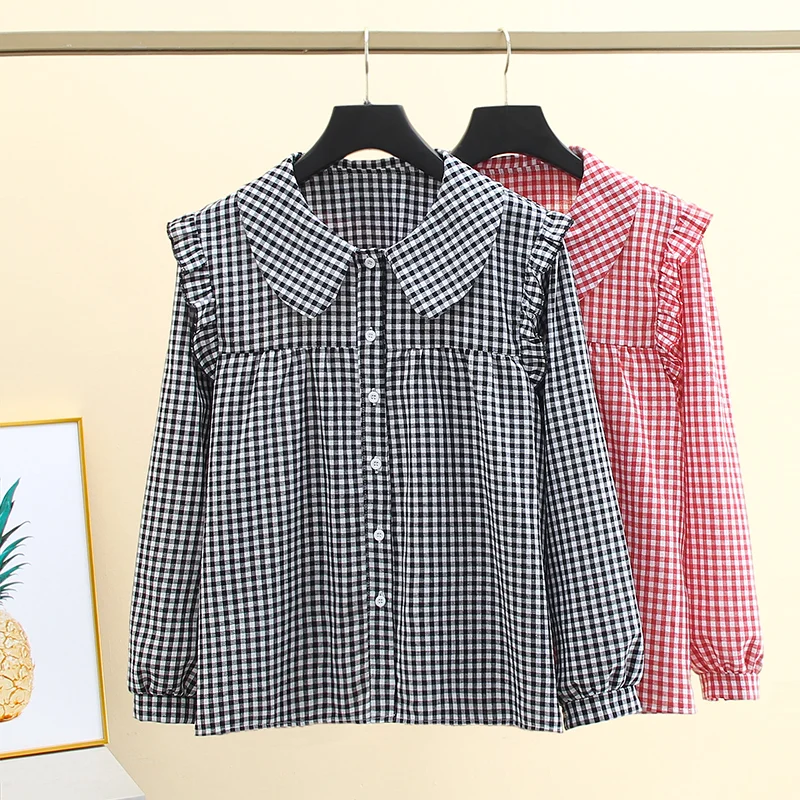 Grid shirt Women's Long Sleeved Spring Autumn New Korean Version Student Loose Fashion Doll Collar Blouse French Lace Splice Top