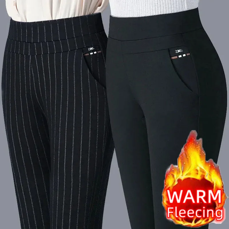 2024 Autumn/Winter Casual Elegant Office Lady Pencil Pants Thin Thick Fleece Women\'s Slim Solid Color Elastic Waist Tight Pants