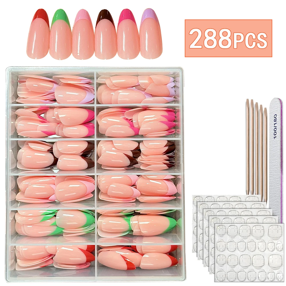 VITAGWX 288pcs French Tip Nails Colorful Press on Nail Perfect for DIY Nail Set in Box Acrylic Fake Nails Almond False Nail Tips