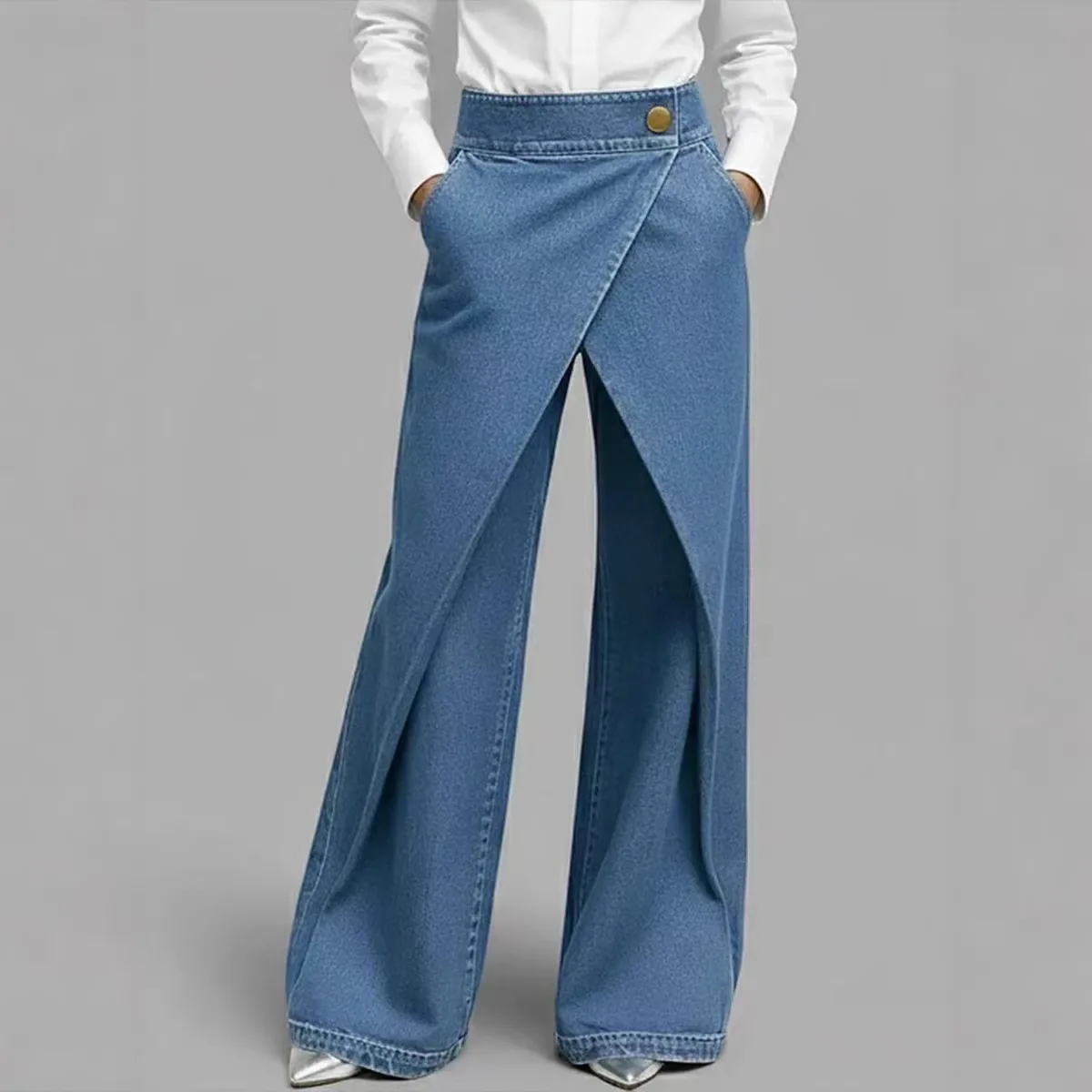 Women High Waist Straight Leg Denim Pants Button Front Solid Color Casual Trousers for Daily Wear Office Street Fashion Jeans