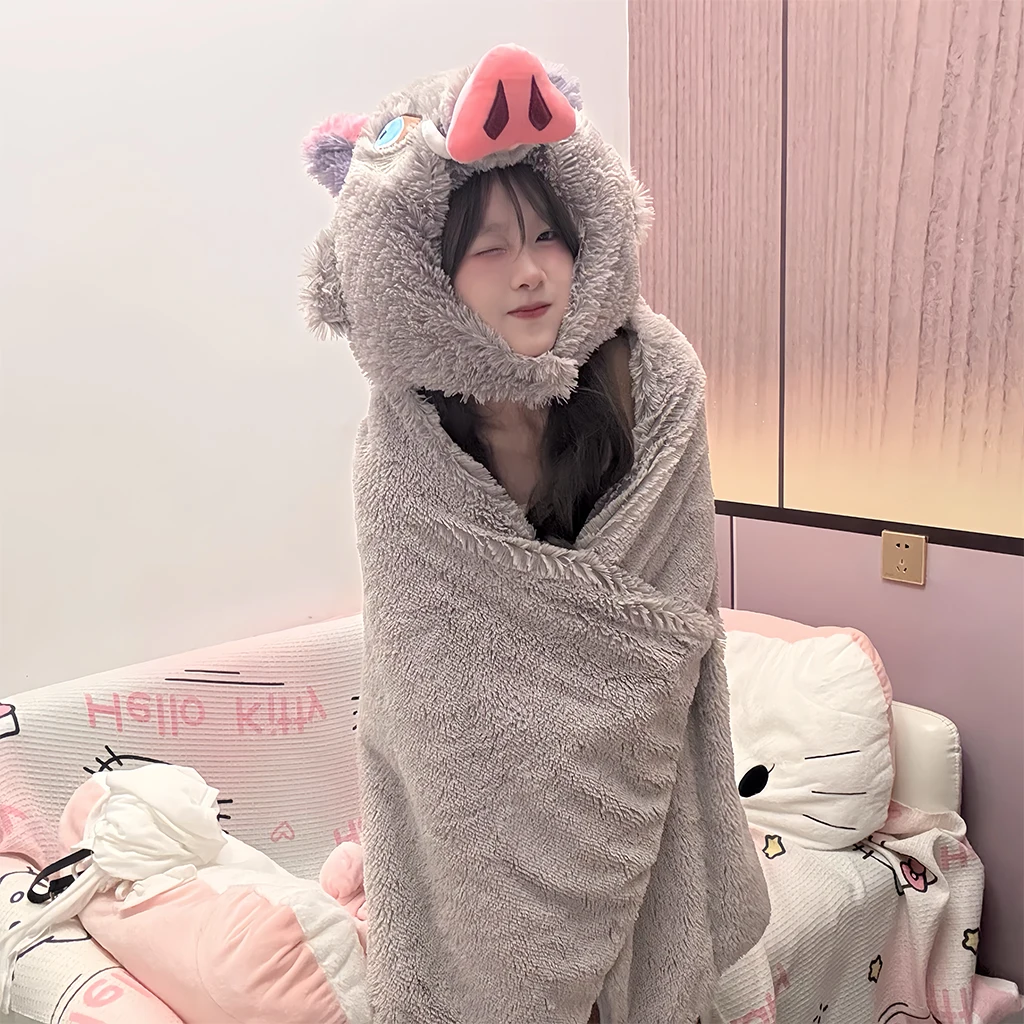 Dämon Slayer Hashibira Inosuke Cosplay Wild BoarHooded Decke Weiche Herbst und Winter Mantel Mit Hut Werfen Decke Weihnachten Geschenke